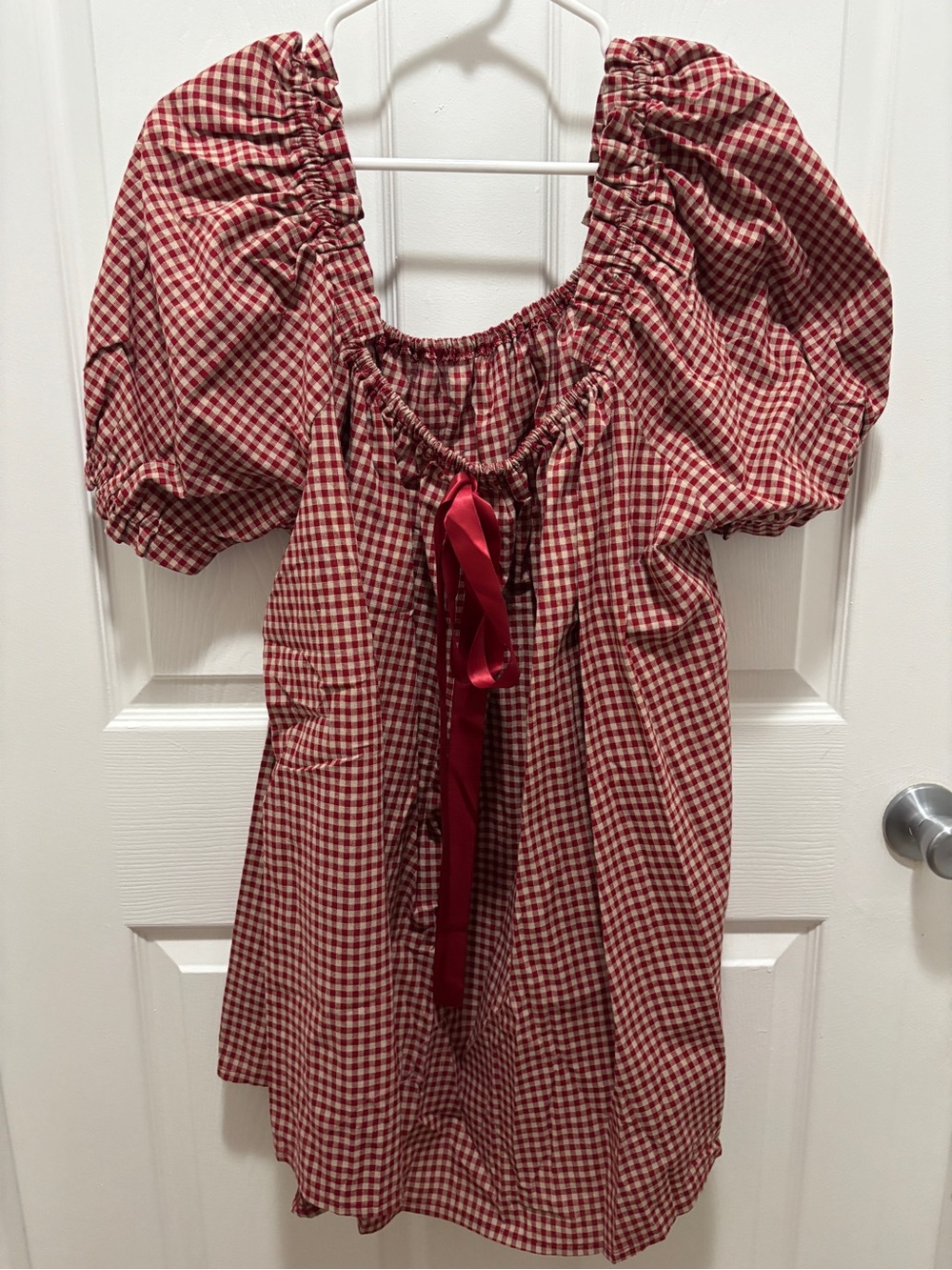 Amazon Red Gingham Puff-Sleeve Mini Dress with Burgundy Bow - Picture 2 of 2